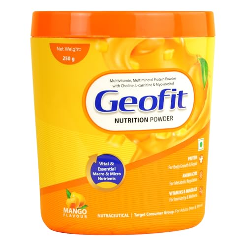 Image of Geofit Mango Flavour Nutrition Powder | Mango Protein Powder for Muscle Building, Better Immunity & Health | Minerals & Multivitamins Rich Powder- 250g