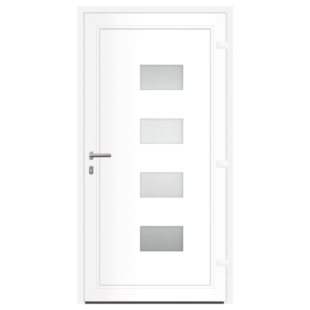 Puerta de entrada blanca de 110 x 210 cm de aluminio y PVC con 3 bisagras ajustables y cerradura de seguridad de 5 vías para mayor seguridad, duradera y resistente a la corrosión