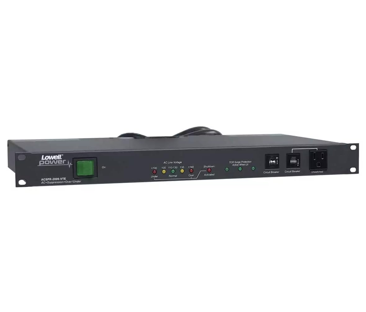 Lowell ACSPR-2009-VTE PDU with 9 (15/20A) Outlets, Advanced Multi-Stage Surge Suppression Up to 72,000A, Over-Under Voltage Protection; 120VAC, 60Hz, 20A; 9 Ft Attached Cord for Termination
