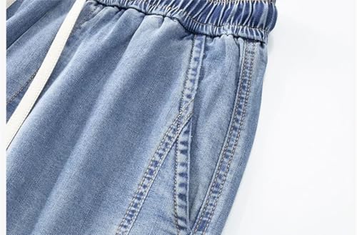 Hndudnff Men Thin Jeans Elastic Waist Straight Trousers Drawstring Casual Denim Pants with Pockets4