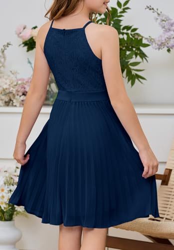 HOSIKA Girls Halter Neck Summer Sleeveless Elegant Floral Lace Chiffon A-Line Flared Swing Party Dress for 6-12 Y4