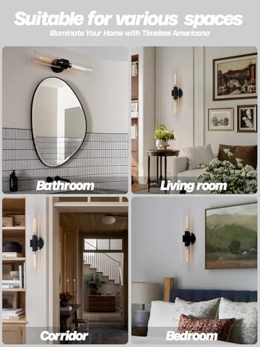 Image of Modern Wall Sconces Set of Two,Black Bathroom Vanity Light with Handblown Clear Glass Indoor Hardwired Wall Sconce Light for Bathroom Bedroom Living Room Hallway Stairway E26