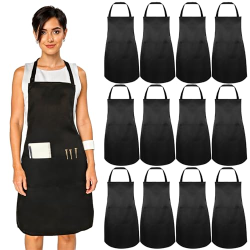 kenaeooe 15 Pack Bib Apron, Unisex Water and Oil Resistant Kitchen Chef Apron with 2 Pockets, for Cooking, BBQ, Painting, Restaurant, Baking and Crafts, Black