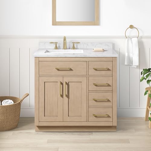 Image of OVE Decors Athea 36 in. Single Sink Freestanding Sahara Birch Bathroom Vanity with White Engineered Marble Top, Matching Backsplash, Power Bar and Brushed Gold Hardware