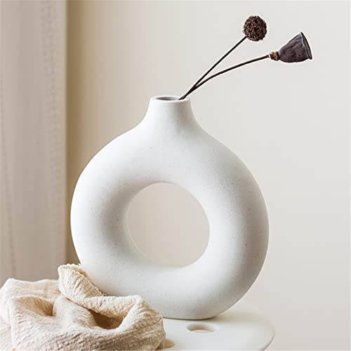 Dhyxzca White Circle Ceramic Vase For Decor, Circular Matte ​Hollow Donut Flower Vases Decorative Minimalist Modern Nordic Boho Style For Home Living Room Office Bedroom Table (H7.5'' × W7.1'') #TOP2