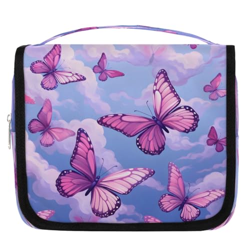 Mexpekil Neceser de viaje con diseño de mariposas rosas, para mujeres, hombres y mujeres, impermeable, con gancho, organizador de cosméticos y maquillaje