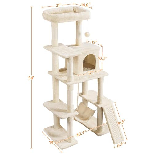 Image of Yaheetech 54in Cat Tree Tower for Large Cats, Multi-Level Condo & Hammock | Sisal scratching posts, roomy condo holds up to 22 lb, a wide 21-inch top perch fit large cats, beige