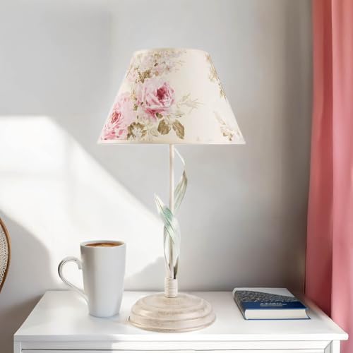 Licht-Erlebnisse Tischleuchte Floral aus Metall und Stoff in Shabby Weiß mit Blumen E27 H:34cm Landhaus Rustikal für Schlafzimmer Wohnzimmer Nachttischlampe Tischlampe