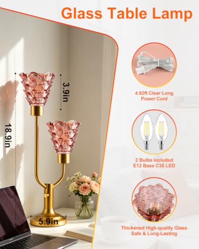 Image of Lightdot Mid Century Modern Glass Table Lamp Dimmable Vintage Pink Lamp | Nightstand Lamp Gold Desk Lamp 2 Bulbs Included 3000K Warmwhite Ambient Bedside Lamps for Bedroom Living Room Home Decor Gift