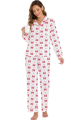 Image of LUBOT Christmas Pajamas for Women 100% Cotton Pajama 2 Piece PJ Set Soft Long Sleeve Button Xmas Print Loungewear XS-XXL