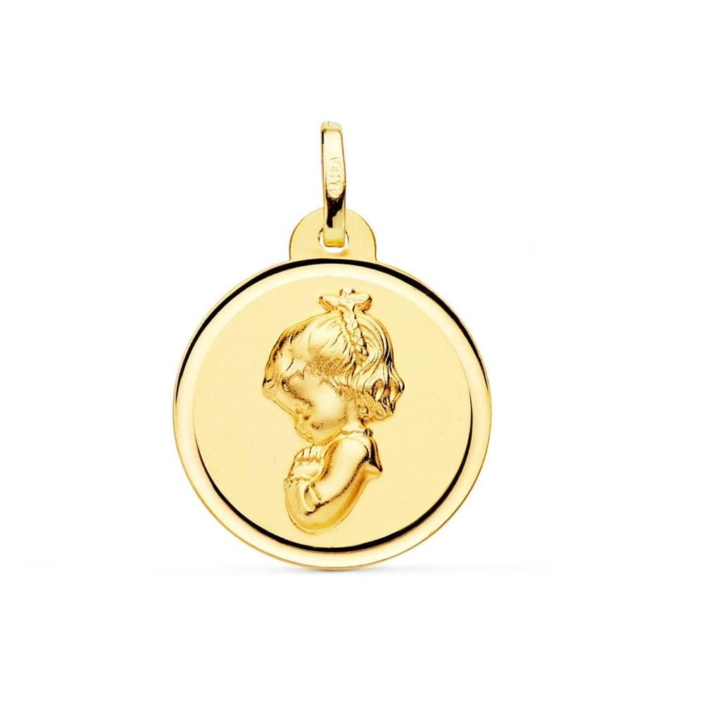 Virgen Niña medalla oro 18k Primera Comunión colgante 16mm. rezando bisel liso