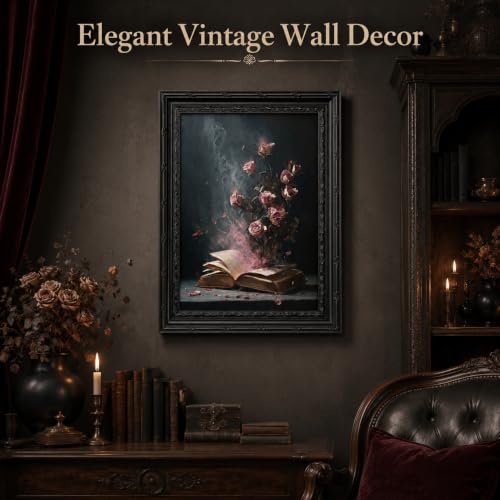 Black Framed Wall Art Dark Moody Victorian Bookish Canvas Print Romantic Gothic Floral Still Life Picture Decor Dark Academia Pink Roses Gallery Artwork for Living Room Bedroom 9x11 inch - image 2