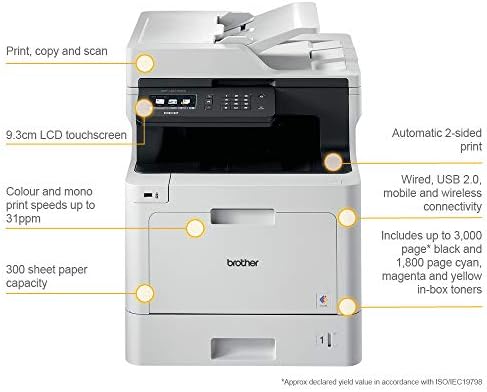 Brother DCP-L8410CDW Colour Laser Printer - All-in-One, Wireless/USB 2.0/Network, Printer/Scanner/Copier, 2 Sided Printing, A4 Printer, Business Printer, UK Plug
