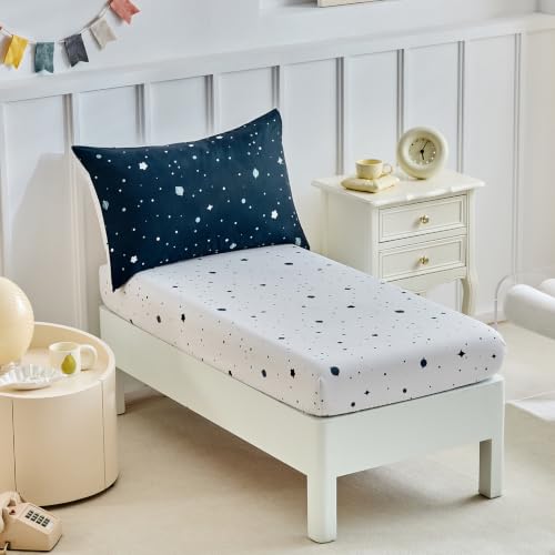 Image of DuShow Star 4 Pieces Boys Toddler Bed Comforter Set Dark Blue Reversible Toddler Bedding Set Soft Baby Crib Bed Sheets Set in a Bag | Include Quilt Comforter,Flat Sheet,Fitted Sheet,Pillowcase