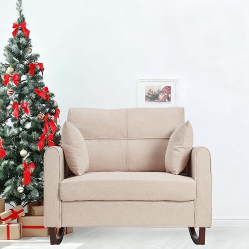 HOMREST Rocking Chair, Upholstered Nursery Rocking Chair with High Back and Side Pocket USB Port, Double Wide Rocker Glider Chairs with Wood Legs for Living Room, Bedroom, Nursery, Beige