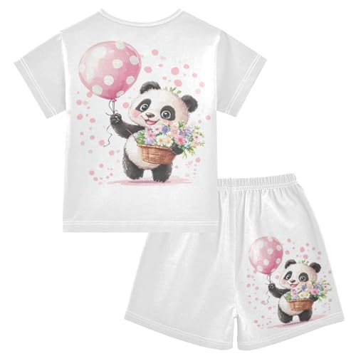 Panda Balloon Flower Pajama Set Short Sleeve Pajamas Shorts Sets Cotton Soft Loungewear Sleepwear 5Y2