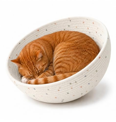 Cotton Rope Cat Bed Mat for Space Capsule, 15.7' Breathable Round Nest Liner, All-Season Warm & Cooling Pet Pad, Washable Scratch-Resistant Bedding for Cat Tree & Clear Bowl (Confetti White)
