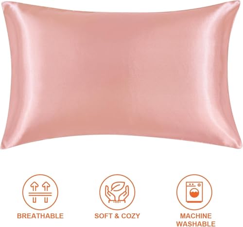 Image of Satin Pillow Covers Set of 2 - Soft & Smooth Pillowcases for Hair & Skin Care | Envelope Closure | Includes 3 Free Random Color Scrunchies | Frizz-Free Sleep Essentials (Coral)