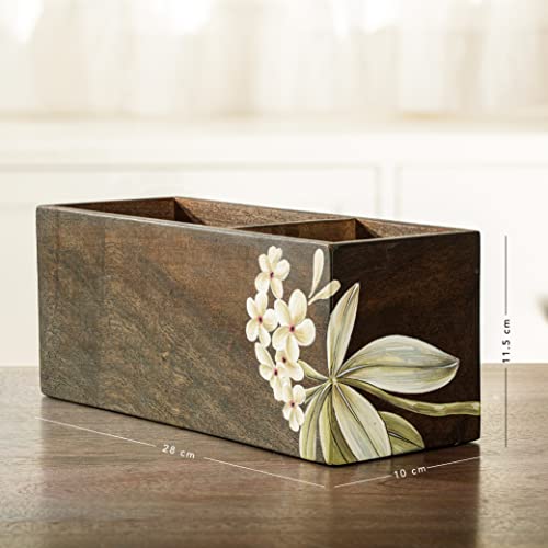 Image of Ellementry Frangipani Wooden Cutlery Stand & Organizer Stand for Spoons, Forks & Knives, Modern Counter Top Tableware Storage Box for Kitchen & Dining Table, Utensil Organizer for Home & Office