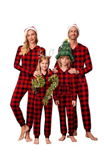 Ekouaer Christmas Matching Family Onesie Pajamas Hoodie One Piece Pajamas Zipper Thermal Sleepwear with Pockets Family Christmas Buffalo Plaid Print M