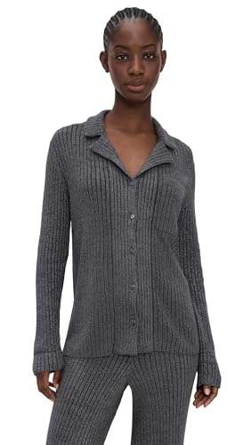 Barefoot Dreams Women's Metallic Rib Button Front Shirt, Carbon, L