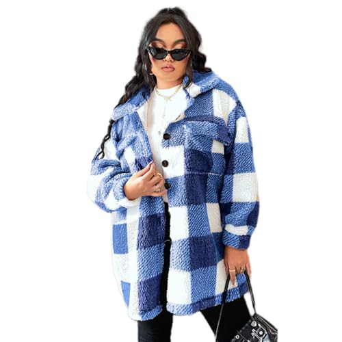 Women Plaid Jacket Faux Fur Fleece Teddy Coat with Button Front & Flap Pockets,Warm Sherpa Jacket,0XL-4XL,3 Color