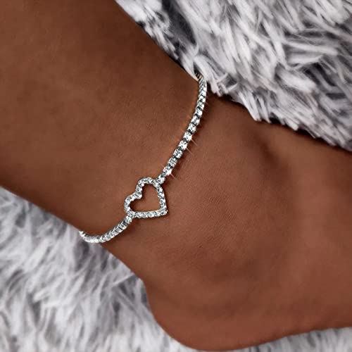 Image of Fesciory Heart Rhinestone Ankle Bracelets for Women, Adjustable Silver Plated Shiny Tennis Anklets, Twinkle Cubic Zircon Imitation Diamond Anklet Foot Chain Jewelry Gifts