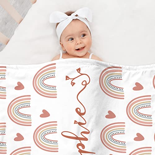 Image of Custom Boho Rainbow Blanket for Baby Girls, Personalized Nursery Blanket with Name, Newborn Baby Girl Shower Gifts, Christmas Birthday Expecting Mom Gift, Easter Unique Gifts for Kids Girls