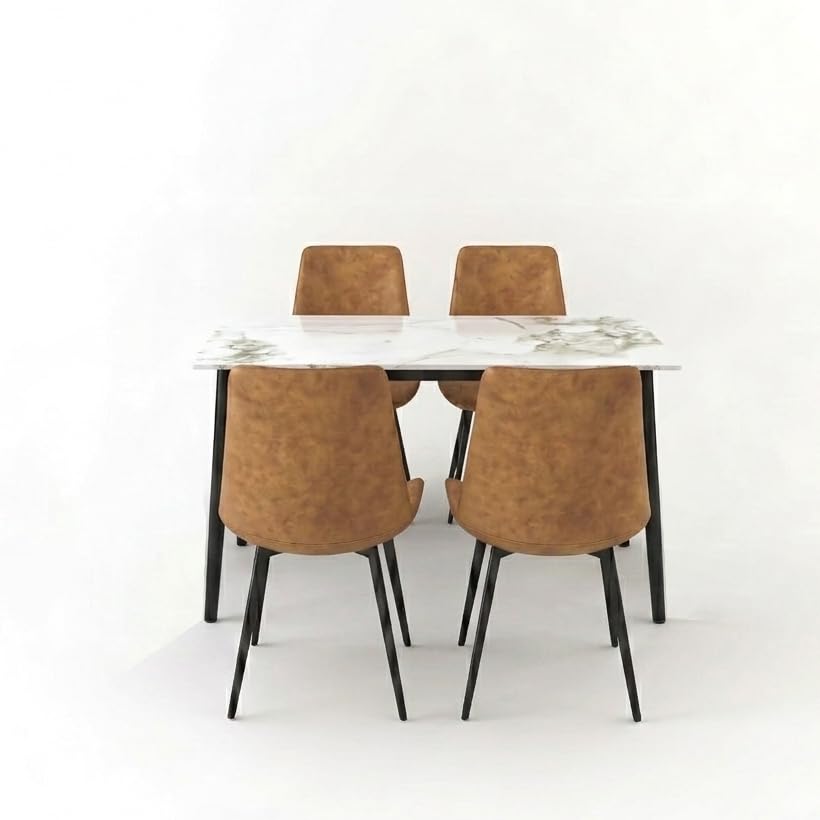 Image of Eclipse Four Seater Faux Marble Dining Set | 15mm Sintered Stone Dining Table | Upholstered Metal Chairs | Galaxy Cream (DIY Assembly)