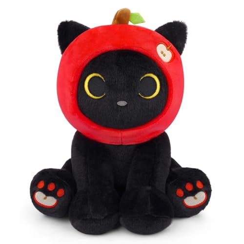 Image of Black Cat Plush - 8inch Cute Stuffed Cat with Red Apple Hood, Creative Fruit Plush Back to School Gifts for Teacher, Kids, Soft Kitten Plushies for Boys Girls, Birthday Gifts