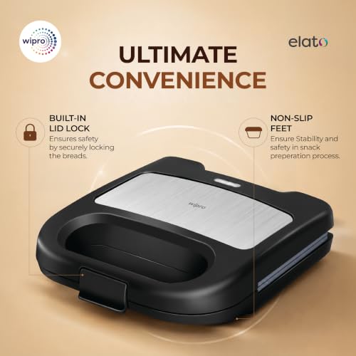 Image of Wipro Elato BS103 Luxe 800W Grill Sandwich Maker|Ceramic Coated Plates|BPA Free|PTFE, PFAS & PFOA Free|Auto Temperature Control|Cool Touch Handle|Fits 2 Regular Bread Slices|2 Year Warranty