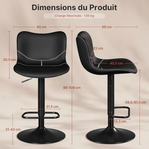 Lot 2 Tabourets Bar Réglables Pivotants Noir Yaheetech