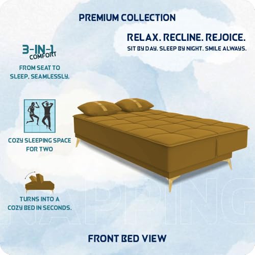 Image of Adorn India Premium New Alyssum 3 Seater Sofa Cum Bed 4X6 Velvet Suede with 2 Cushions (Color Yellow) and Suitable for All Indoor, with 3 Years Warranty