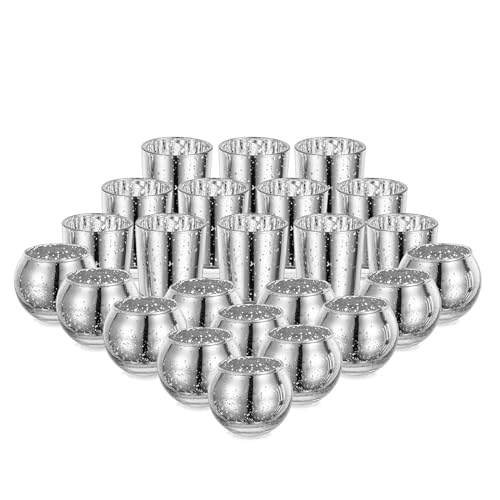 Glasseam Silver Tea Light Holders Glass, Set of 24 Votive Candle Holder Small, Mercury Christmas Candle Holders for Living Room, Glitter Tealight Holder for Halloween Party Wedding Centrepiece