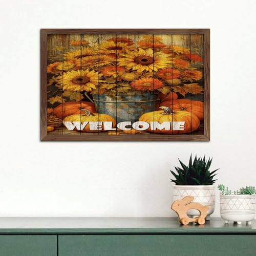 Tableau en bois précieux motif tournesol et citrouille d'automne de salon