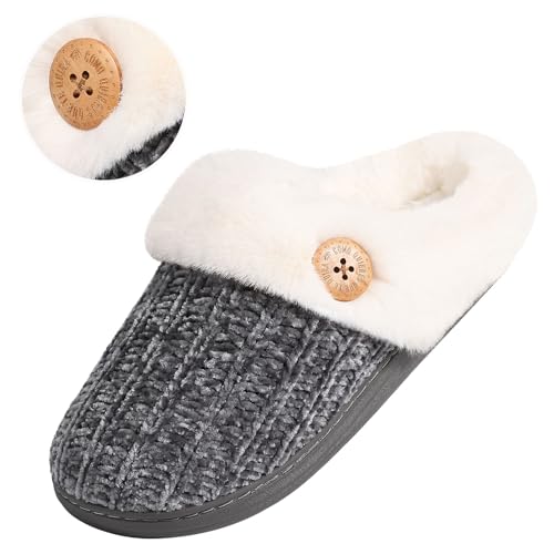 Image of Evshine Warm Knit House Slippers for Women Comfy Wool-Like Lined Chenille Slippers with Memory Foam and Indoor Outdoor Soles