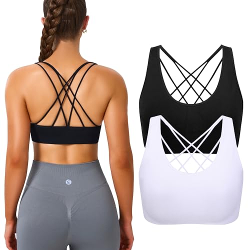 Image of Women's Cross Back Sport Bras, Seamless Padded Strappy High Support Yoga | Removable Pads, 4-Way Stretch, A-DD Cup, Full Coverage, Scoop Neck, Cropped Bra, Sweat-Wicking, Pull-on, for Yoga Gym Workout