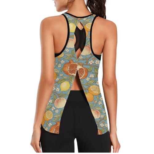 voucong Camiseta deportiva sin mangas para mujer, tela de malla, moderna, informal, manga atlética, para correr, yoga, retro, Retro Lemon Pomegranate William Morris, M