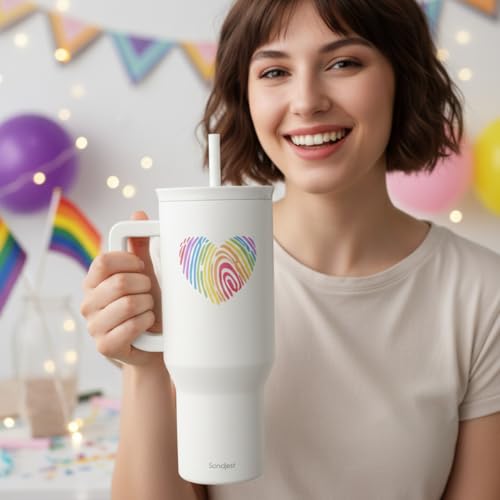 Image of SANDJEST LGBT 40oz Tumbler with Handle and Straw, Insulated Stainless Steel Travel Coffee Mug for Gay Lesbian Adults Friends, Gift Idea for Birthday Christmas Pride Month (Heart Fingerprints)