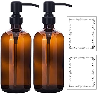 SunyamGo Amber Soap Dispenser Glass Pump Bottle, 2 Packs Glass Lotion Dispenser with Rustproof Pump, Brown 16Oz Refillable Liquid Dish and Hand Soap Dispenser Set for Kitchen Bathroom - Amber