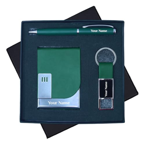 Image of Giftana Personalized Card Holder with Pen, Metal Keychain with Name, 3 in 1 Customized Pen, Card Holder Keychain Gift Set, Personalised Gifts for Husband, Corporate Gifts for Employee (Green)