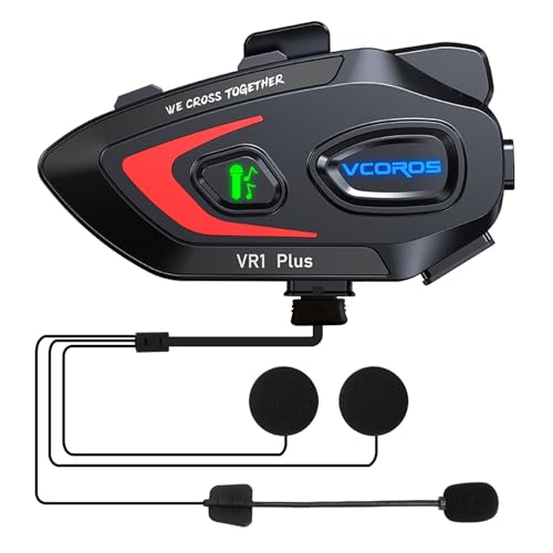 VCOROS Intercomunicador Casco Moto VR1 Plus,6.0 Bluetooth para 2 Motociclistas 500m,Impermeable IP56,Auriculares Casco Moto para Asistente de Voz Manos Libres Control de Música (1Pack Hard Mic)