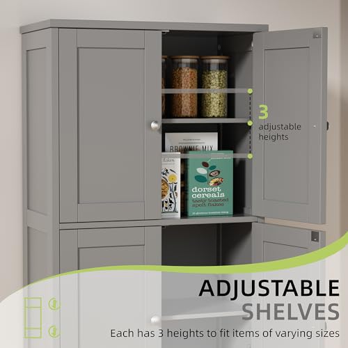 Image of Vongrasig Bathroom Storage Cabinet, Small Bathroom Floor Cabinet with 4 Doors and Adjustable Shelves, Freestanding Modern Cabinet for Bathroom, Kitchen, Living Room, Entryway, Grey