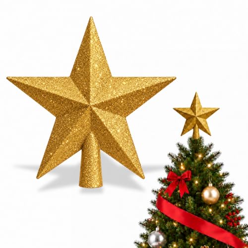 Estrella Dorada con Purpurina para la Punta del árbol de Navidad, Estrella para arbol de Navidad, Accesorios de Navidad, Longitud 19 cm, Color Dorada con Purpurina