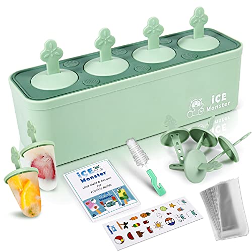 Popsicle Molds For Kids Shapes Maker 4 Cavities Food Grade Silicone Homemade Frozen Ice Popsicle Maker Bpa Free Contain 50 Popsicle Bags Popsicle Recipe By Ice Monster (4 Cavities, Green) #TOP4