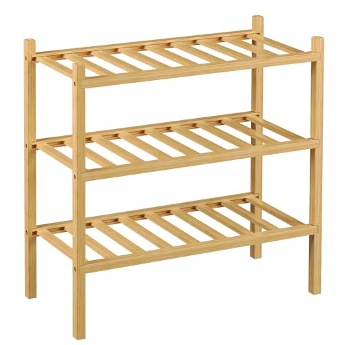 3-Tier Bamboo Small Shoe Rack, Free Standing Wood Shoe Shelf Storage Organizer for Closet Entryway Stackable (Natural)