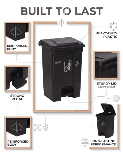 Image of pedal dustbin with lid, heavy duty plastic garbage bin, hands-free step-on waste bin for kitchen, office, home, hotel, bathroom & outdoor use (Jet Black, 65 Liters)