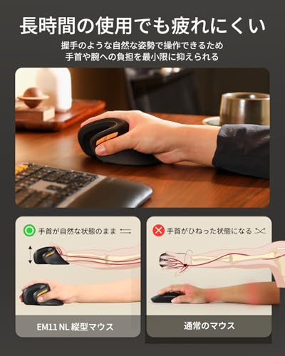 ProtoArc EM11 NL エルゴノミクスマウス 縦型58° 静音 無線 Bluetooth 2.4GHz 3台同時接続 ワイヤレスマウス Type-C充電式 進む/戻るボタン搭載 高精度 3段階DPI切替 Windows Mac iOS Android対応 光学式 ブラック