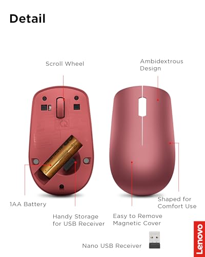 Lenovo Souris sans Fil 530, Design ambidextre, Connexion Nano USB, Compatible avec Ordinateurs Portables et PC Windows - Rouge Cerise