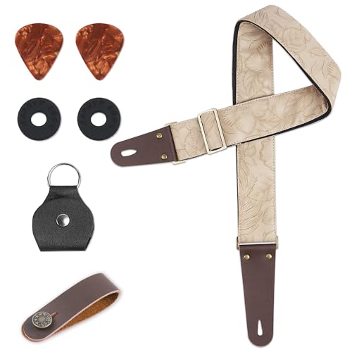 Czzmy Adjustable Guitar Strap Includes 2 Strap Locks & 2 Matching Picks.Leather ends Guitar Shoulder Strap Suitable for Acoustic Guitar,Electric Guitar,Gift for Guitarist(1-Carved White)